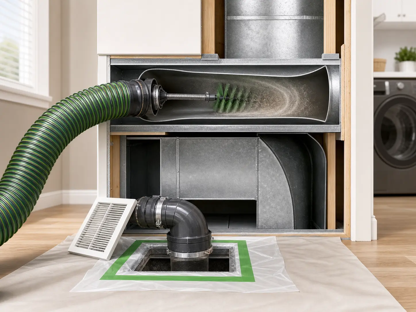 Residential supply and return air ducts prepared for controlled cleaning