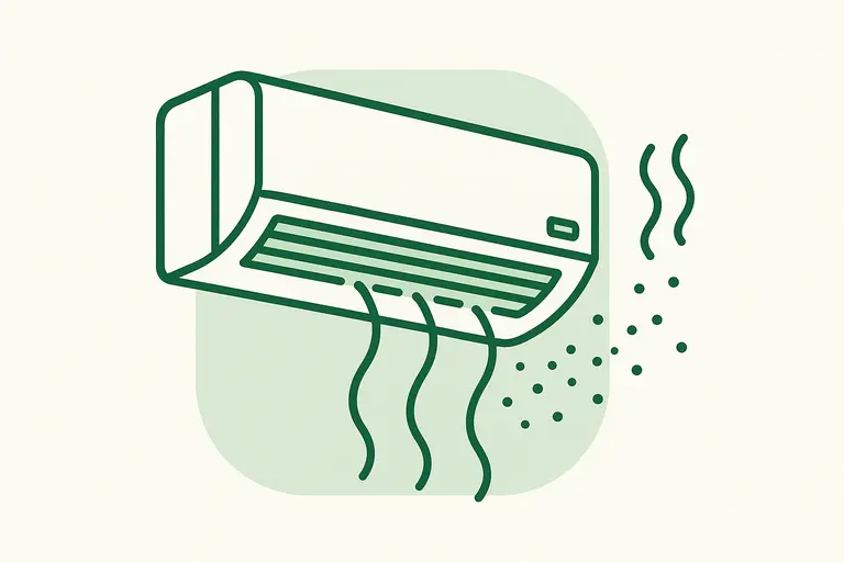 Illustration of a heat pump with airflow and odor indicators