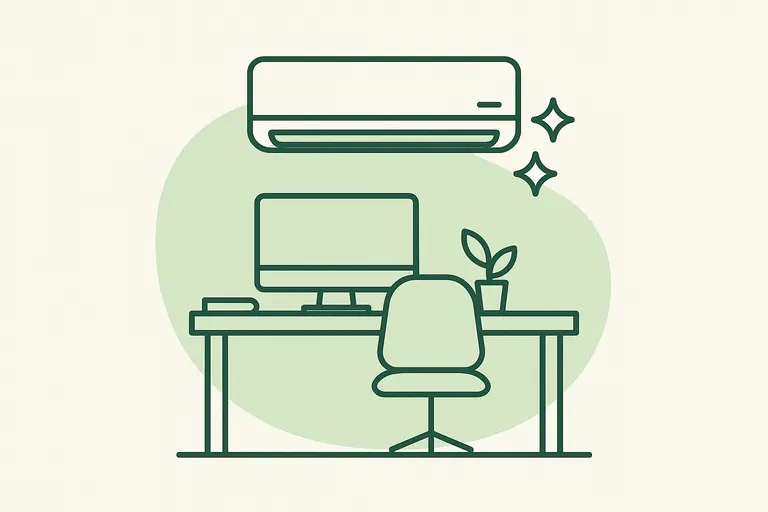 Illustration of an office workspace with wall-mounted air conditioner
