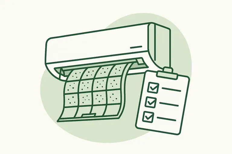 Illustration of a wall unit filter inspection with checklist