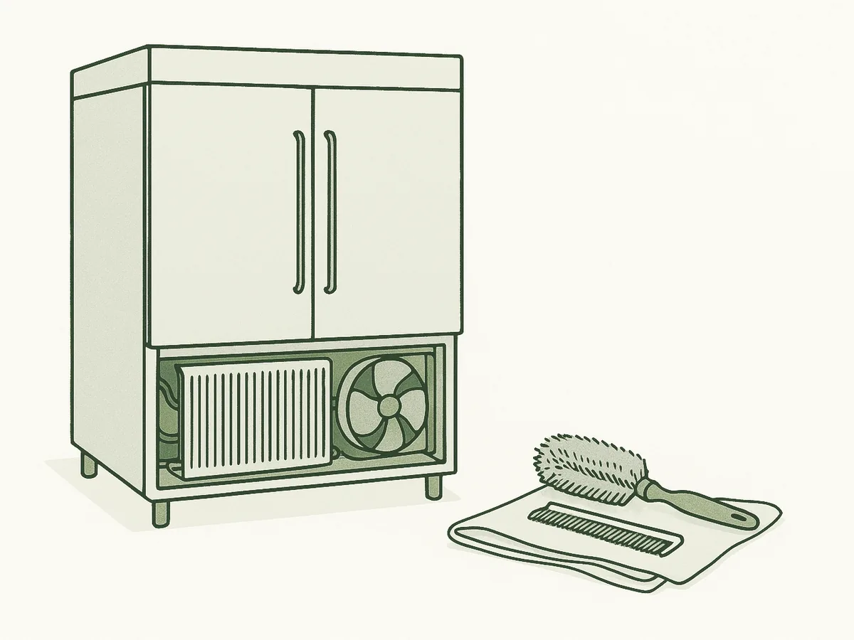 Commercial refrigerator with its service panel removed, exposing the condenser coil and fan beside a coil brush and fin comb.