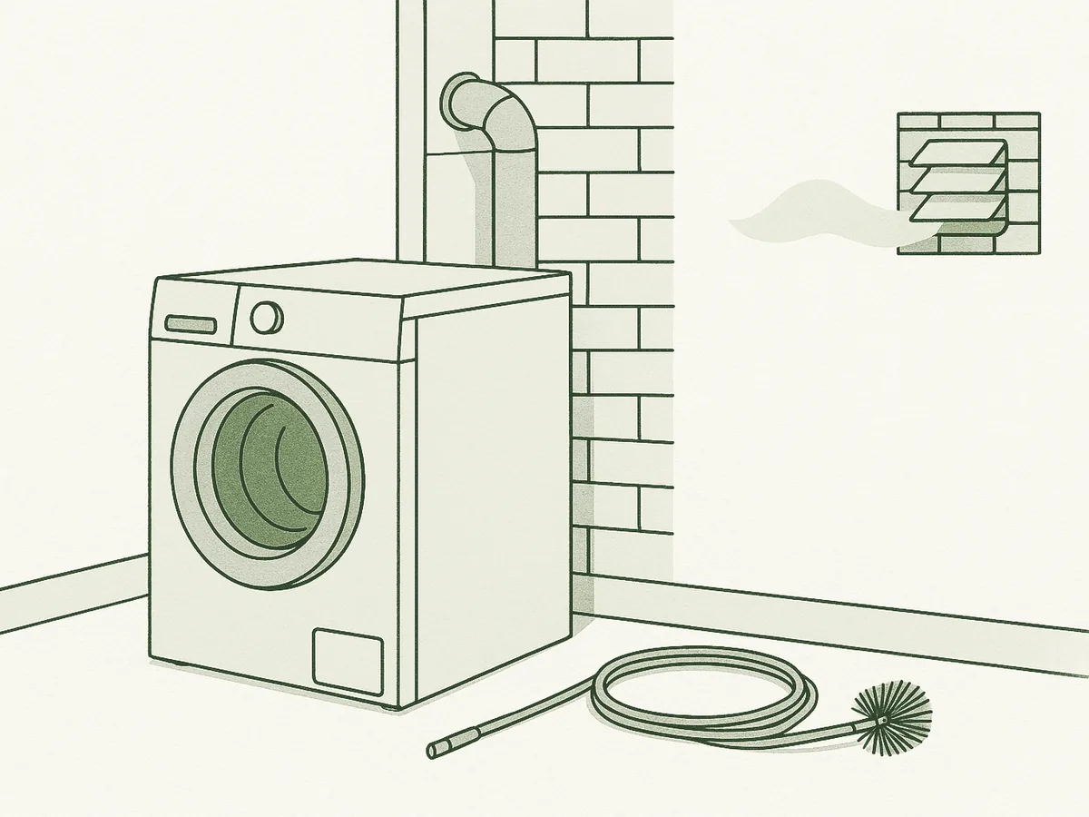 Front-load dryer with its transition duct rising to an exterior louvered wall vent, a rotary cleaning brush coiled on the floor.