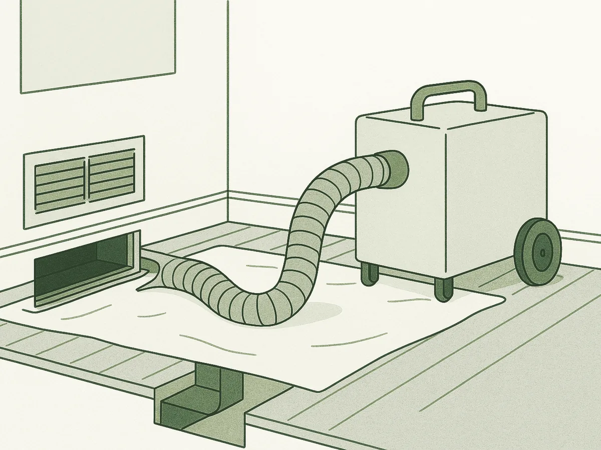 Professional negative-air extraction machine connected by hose to an opened wall duct, register grille above and the floor protected by a drop cloth.