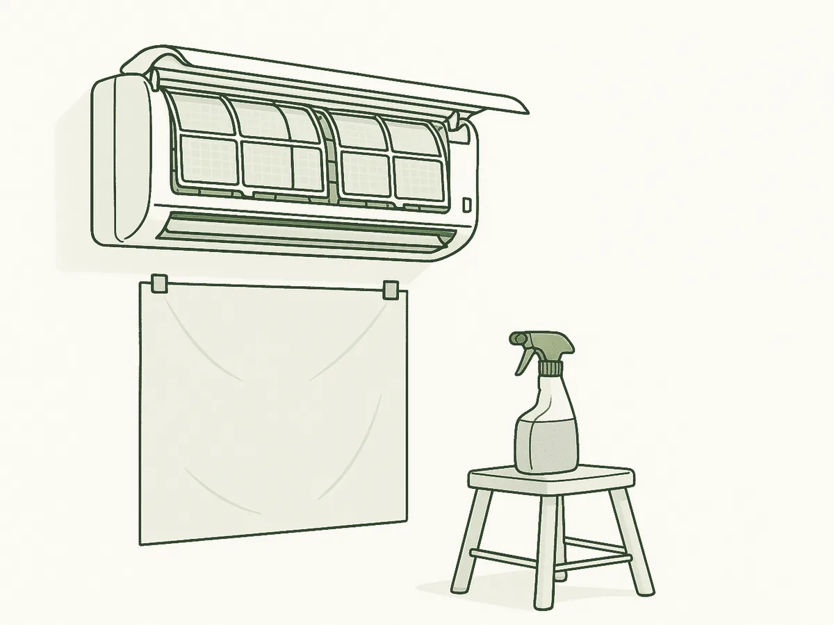 Wall-mounted mini-split with its cover open and filters visible, a protective sheet taped below and a hand sprayer on a step stool.